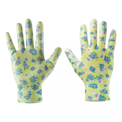 Градински ръкавици с нитрилно покритие, шарка на цветя